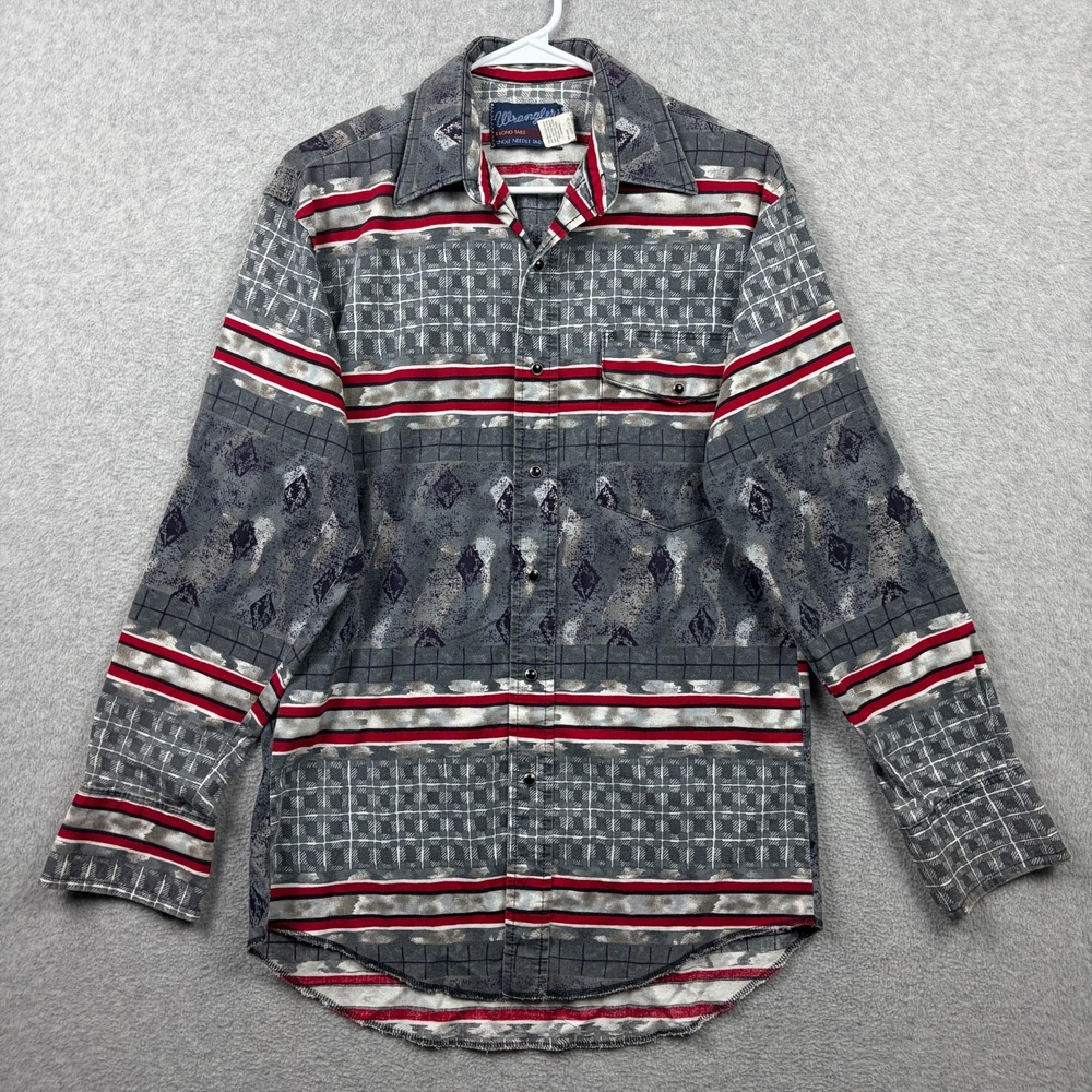 Vintage Wrangler Shirt Mens 15 33 Medium Pearl Snap Southwestern Brushpopper 90s